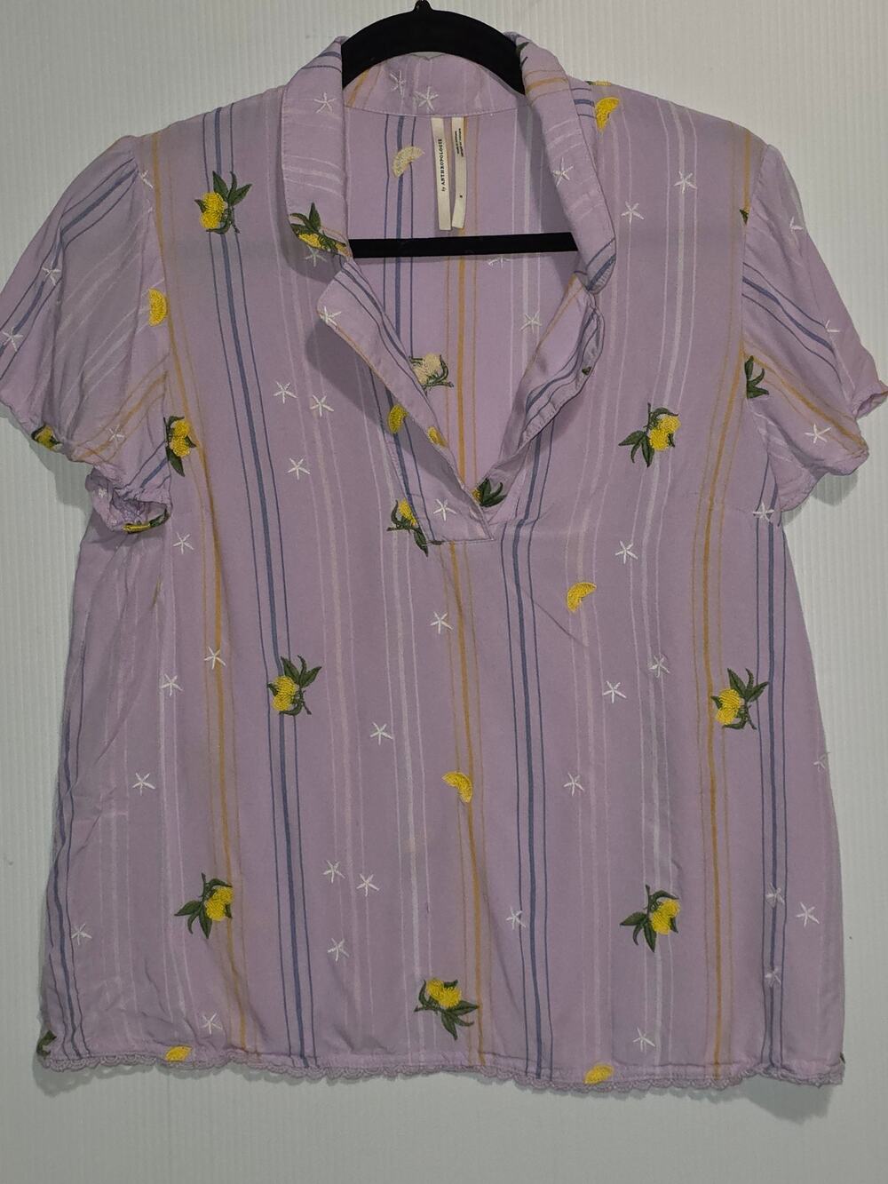 Anthropologie Embroidered Lemon Stripe S Lilac Yellow Short Sleeve Resortwear